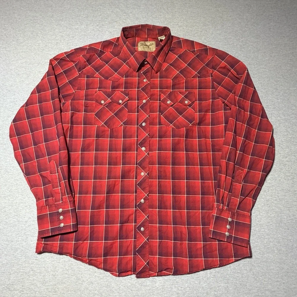 Wrangler Retro Shirt 2XLT Blue Red Western Pearl Snap Sawtooth Pocket - Mens 2XT